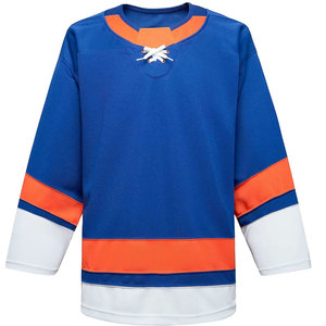 Jersey de Hockey sobre Hielo Unisex Azul, Naranja y Blanco, Manga Larga, Poliéster que Absorbe la Humedad, Impresión de Logotipo Personalizado, Servicio OEM - Product Image 1