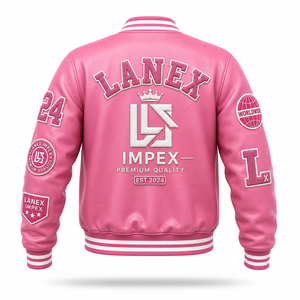 Custom Pink Varsity Letterman Jacket Women PU Leather Baseball College Jacket Embroidered Chenille Patch Bulk Bomber Jacket OEM - Product Image 3