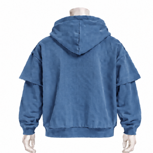 Sweat-shirt à capuche bleu denim double couche, coupe oversize, manches courtes superposées à manches longues, style décontracté streetwear - Product Image 2