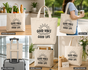 กระเป๋าผ้าแคนวาส Good Vibes Good Life สีเบจ หูหิ้วด้านบน ปิดแบบปรับแต่งได้ พับเก็บได้ ลายพิมพ์ดวงอาทิตย์และคลื่น สำหรับช้อปปิ้งและเดินทาง - Product Image 5