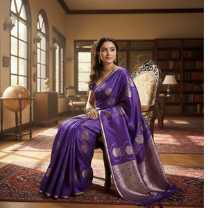 Pure Satin Handloom Weaving <b>Purple</b> <b>Saree</b> With Gold Zari Border | Traditional Wedding Party Wear Designer Ethnic <b>Saree</b> For Women - Product Image 3