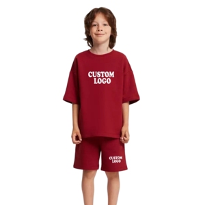 2026 Boys Custom Logo Cotton Short Sleeve T-Shirt and Shorts Set Crew Neck Loose <b>Fit</b> Casual Wear Summer Set with Side Pockets - Product Image 3