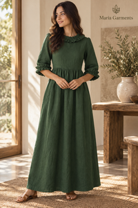 Vestido Midi de Lino/Algodón Tejido Verde Bosque para Mujer, Corte A, Manga Larga con Volantes, Ajuste Holgado para Uso Diario - Product Image 4