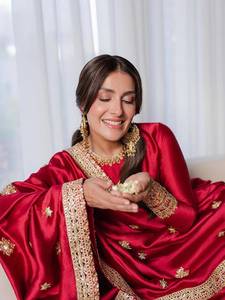 Party Wear Look Rangoli <b>Silk</b> Palazzo Women's <b>Red</b> <b>Silk</b> Embroidered Indian Pakistani Suit Set With Dupatta For Wedding Full Stitch - Product Image 1