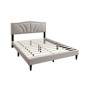 โครงเตียงควีนไซส์สไตล์โมเดิร์นวินเทจ 1 ชิ้น ผ้ากระสอบสีน้ำตาลอ่อน พร้อมตกแต่งขอบด้วยหมุดหัวเหล็ก หัวเตียงหุ้มเบาะ - Product Image 2