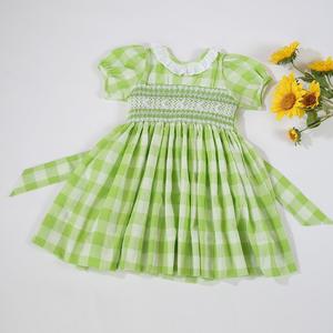 ชุดเดรสเด็กผู้หญิงคุณภาพสูง ตกแต่งสม็อค สำหรับเด็กทารก ออกแบบเองได้ พร้อมผ้าฝ้ายแขนสั้นสีเขียวลายตาราง - Product Image 4
