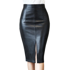 Jupe crayon en cuir taille haute pour femme, couleur unie, longueur genou, fendue, style club sexy, toutes saisons - Product Image 1