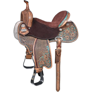 Selle de cheval western de luxe faite à la main en cuir véritable turquoise, outillée, pour l'équitation sur sentier et à la ferme, confortable et durable, équipement équestre - Product Image 3