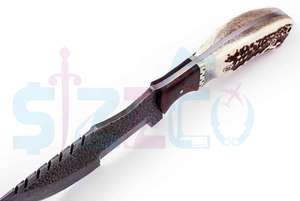 Magnifique couteau tracker artisanal en acier Damas avec manche en bois de cerf - Couteau de chasse et de survie à lame fixe - Étui de transport horizontal - Product Image 3