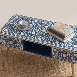 Handmade Bone Inlay Midcentury Modern Coffee <b>Table</b> Blue Floral <b>Storage</b> for Living Room Home Furniture - Product Image 4