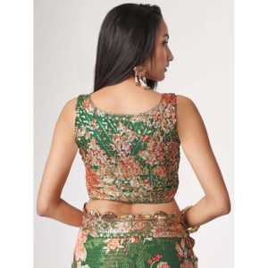 Atractivo verde estampado floral Organza Festival Sari con blusa - Product Image 3