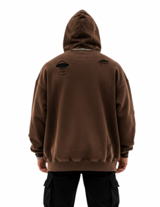 Sudadera con capucha unisex marrón vintage lavada y desgastada con cremallera, ajuste regular, forro polar rasgado, estilo urbano, con bolsillos, 100% algodón - Product Image 5