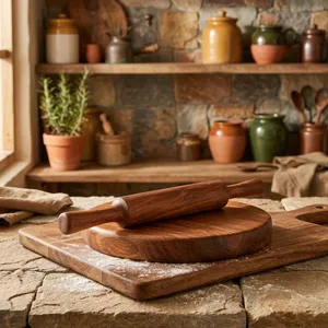 Juego de Chakla Belan de Madera de Acacia para Cocina |   Tabla de madera para amasar y rodillo para chapati, paratha, puri, pizza y masa para hornear - Product Image 4