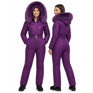 Custom <b>Women</b>’s <b>One</b> <b>Piece</b> <b>Ski</b> <b>Suit</b> Faux Fur Hood Quilted Belted Waterproof Windproof Thermal Winter Snowboard Snow Jumpsuit - Product Image 3