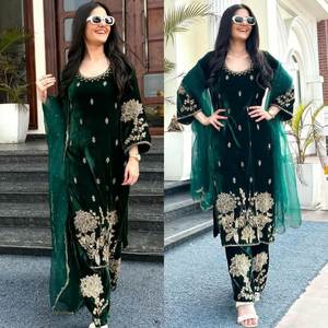 Ensemble Kurti / Bas / Dupatta traditionnel léger en velours de viscose pur de style islamique avec broderie complète - Product Image 6