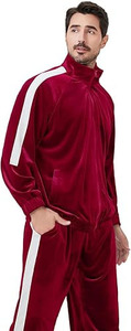 Ensemble de survêtement en velours de luxe pour homme – Sweat-shirt zippé en velours rouge foncé et pantalon assorti à empiècements latéraux - Product Image 3