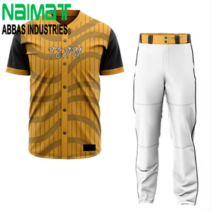 Custom Sublimation Baseball Uniform <b>Set</b> Yellow Pinstripe Wave Pattern Jersey with White Pants Performance Team Sportswear - Product Image 1