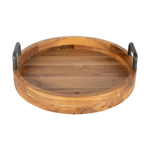 Plateau de service rond en bois d'acacia artisanal de qualité supérieure, prix d'usine, avec poignées métalliques robustes, élégant, écologique, décoration d'intérieur - Product Image 5