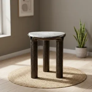 Modern Solid Wood Side <b>Table</b> With White Marble Top Handmade Round Three Leg Accent <b>End</b> <b>Table</b> for Living Room Decor - Product Image 5