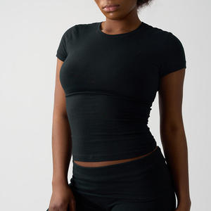 T-shirt en jersey de coton léger et extensible, 90% coton / 10% élasthanne, manches courtes, col rond, ajusté, pour yoga, course à pied, décontracté - Product Image 3