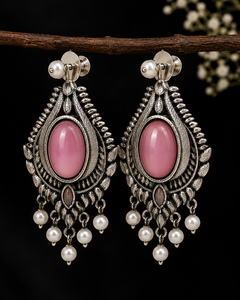 Boucles d'oreilles pendantes ethniques bohèmes classiques en argent antique oxydé avec zircon rose taille ovale, vente en gros, fournisseur en vrac, cadeau pour femme - Product Image 4