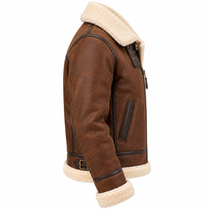 Chaqueta de Aviador de Cuero Marrón Vintage para Hombre, Cuello de Borrego, Forro de Sherpa Impermeable, Relleno de Poliéster, Sin Costuras, Cálida - Product Image 3