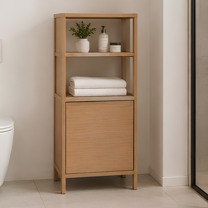 Modern <b>Teak</b> Wood Bathroom Linen Cabinet with 2 Open <b>Shelves</b> and 1 Door - Product Image 1
