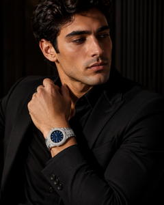 Mens Sapphire Crystal White Gold <b>Case</b> Moissanite Band Vintage Mechanical <b>Watch</b> Auto Date Royal Blue Dial 10m Water Resistant - Product Image 2