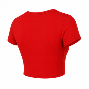 Women's <b>Red</b> <b>Crop</b> <b>Top</b> Short Sleeve O-Neck Solid Knitted Casual T-Shirt Spring Summer Fit - Product Image 4