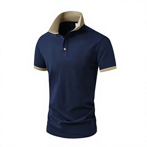 Men's Navy Blue Polo Shirt Short Sleeve Knitted Solid Color Casual Button Down Collar Design - Product Image 1
