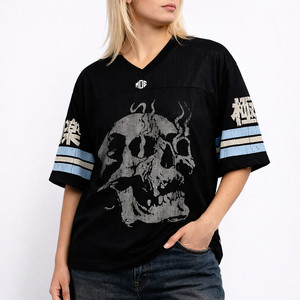 เสื้อสตรีทแวร์ผู้ชาย คอวี ผ้าตาข่าย ลายอเมริกันฟุตบอล ทรงโอเวอร์ไซส์ ลายกราฟิกหัวกะโหลกประดับเพชร ระบายอากาศได้ดี ผลิตจากโพลีเอสเตอร์ รับผลิตแบบ OEM จำนวนมาก - Product Image 6