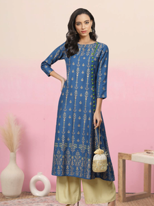 ชุดคุर्ตาอานาร์กาลีผ้าเรยอนสีน้ำเงินพิมพ์ลายดอกไม้สำหรับผู้หญิง คอทรงเรือ แขนสามส่วน เหมาะสำหรับสวมใส่ลำลองสไตล์ชาติพันธุ์ทั่วโลก - Product Image 3