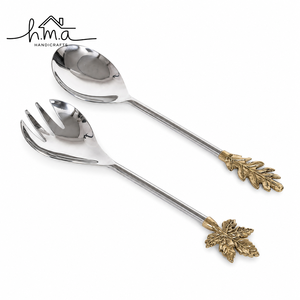 Brass Salad Server Set <b>Gold</b> And Silver Color Oval <b>Spoon</b> And Three Prong Fork With Leaf Shape Handle Elegant <b>Serving</b> Cutlery Tabl - Product Image 1