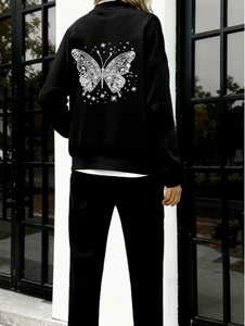 Women 2 Piece Tracksuit Set Black Butterfly Rhinestone Print Zipper Jacket Sweatpants Casual Loose Fit All Seasons Wear - Product Image 4