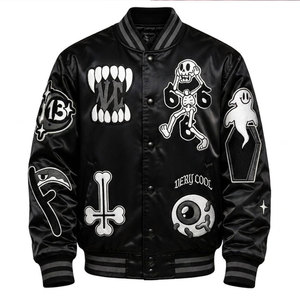 Chaqueta Bomber Negra para Hombre con Diseños de Parches, Cuello Camisero, Estilo Urbano, Material de Poliéster, Corte Regular, para Otoño - Product Image 2