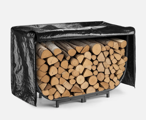 Support à bois de chauffage incurvé avec couvercle ou porte-bûches en métal avec protection contre les intempéries, support de rangement pour bois de chauffage en métal noir avec couvercle imperméable - Product Image 1