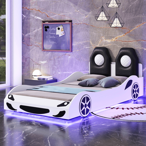 Letto a piattaforma moderno in legno bianco a forma di auto da corsa con LED e schienale imbottito per bambini e neonati, ideale per ville - Product Image 1