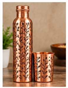 Ayurvedic Copper Water <b>Bottle</b> With Mountain Design Portable Travel <b>Flask</b> With Lid Outdoor Use Retro Style - Product Image 3