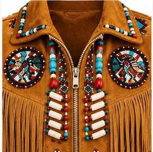 Veste de camionneur marron à franges avec col rabattu orné de perles turquoise - Product Image 3