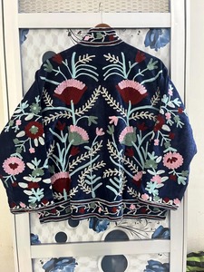 Bata de mujer con cuello en V, 100% algodón, reversible, con bordado floral azul, tipo kimono largo, con cinturón, para estar en casa, hecha a mano - Product Image 2