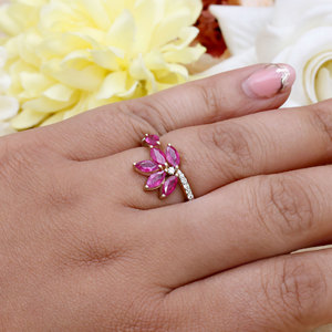 Bague florale en or jaune 14 carats avec rubis naturel et diamants pour femme |   Bijoux en pierres précieuses de coupe marquise, vente en gros, OEM, ODM - Product Image 6