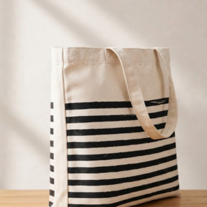 Sac fourre-tout en toile de coton rayé noir écologique, grande capacité, style nautique, sac à main pour femme, réutilisable - Product Image 4