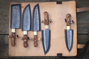 Custom Handmade Five-Piece Ambidextrous Chef <b>Set</b> Straight Edge Durable <b>Sharp</b> Damascus Steel Blades Wooden Handle - Product Image 5