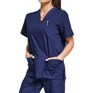 Haut de blouse médicale bleu marine à col en V pour femme avec poches, mélange coton et polyester, uniforme d'hôpital - Product Image 2
