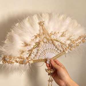 Handmade Modern <b>Painted</b> <b>Wood</b> Fan with <b>Gold</b> Embroidery and Pearls Folding Wedding Decoration Gift - Product Image 6