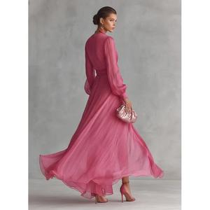 Vestido Largo de Gasa Rosa Elegante Hecho a Mano de Alta Calidad con Cuello en V Profundo, Manga Abullonada, Lazo Cruzado, Abertura en el Bajo, Ajuste Delgado, Sencillo y Ecológico - Product Image 2