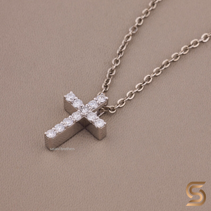 14K White Gold with Moissanite <b>Cross</b> Pendant Necklace Round Cut | Dainty Religious <b>Cross</b> Necklace Sparkling Faith Jewelry - Product Image 4