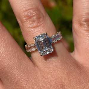 High Quality Moissanite 3 Carat Emerald Cut Gemstone Solitaire <b>Ring</b> 14K Solid Gold Half <b>Eternity</b> Band Wedding Gift for Women's - Product Image 2