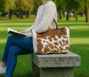 Sac fourre-tout en cuir véritable de vachette à poils, fermeture éclair, broderie, couleur unie - Sac à bandoulière de créateur pour femme LHTB-0025 - Product Image 3