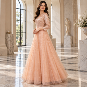 Robe de soirée élégante couleur pêche champagne |   Robe de soirée longue à col en V perlé, manches longues, coupe trapèze, pour fêtes, mariages et événements - Product Image 3